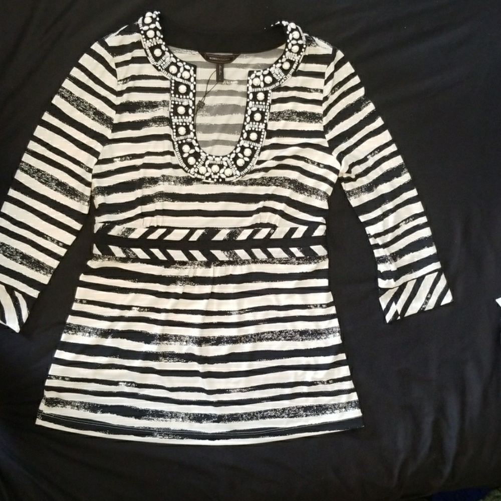 BCBG Womens Black & white striped top shells sz M